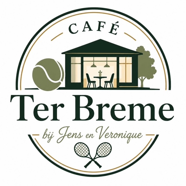 Logo van Café Ter Breme: een groen paviljoen met tennisbal, gekruiste rackets en de tekst bij Jens en Veronique.